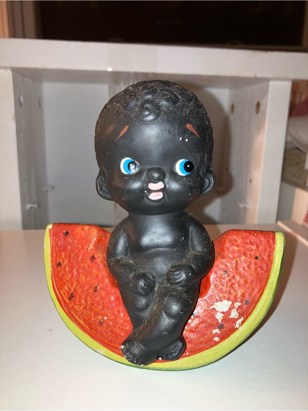 Black Americana Baby on Watermelon Bank. 7” Tall. Adorable,  Ceramic.